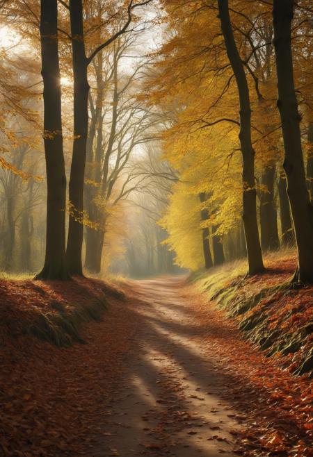 00136-photograph, a path in the woods with leaves and the sun shining , by Julian Allen, dramatic autumn landscape, ears, park, take o.png